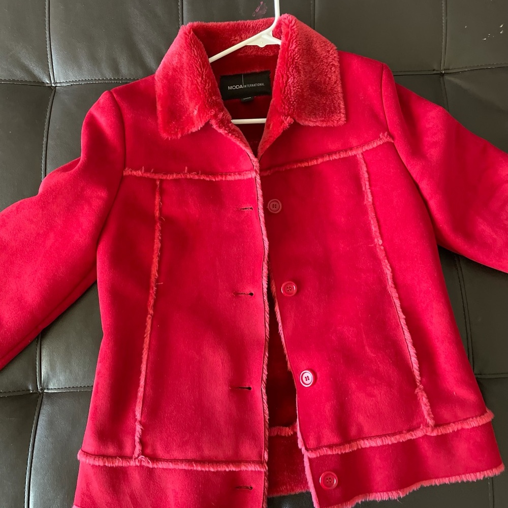 Red faux fur coat